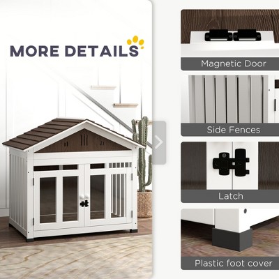 White and Dark Brown Wooden Elevated Dog House with Magnetic Doors