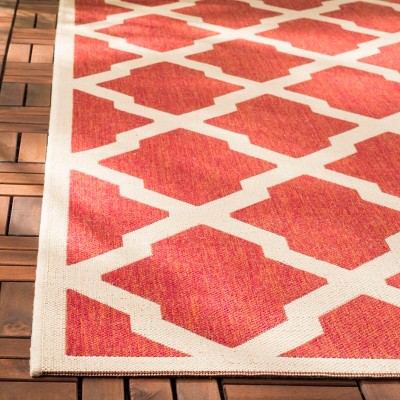 Square Red and Creme Synthetic Indoor/Outdoor Area Rug