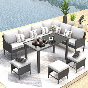 ELJGET 7 PCS Outdoor Furniture Set, Backyard Dining Table Set, Space Saving, Waterproof Seat Cushion, Glass Table, Perfect for Terrace, Garden - 1 of 4