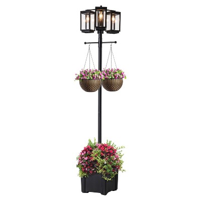 C Cattleya 3-Light 77.5in Black Complete Post Light with Planter and Clear Tempered Glass