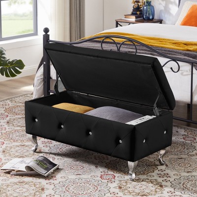 NicBex 38" Faux Leather Storage Ottoman Bench with Crystal Buttons,Foot Stool with Flip-Top Storage,End of Bed Storage Bench for Bedroom&Entryway