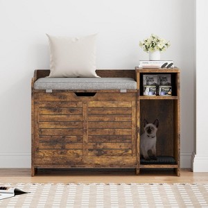 Cat Litter Box Enclosure with top opening and cushion. Modern wood design hides litter box and doubles as a nightstand with scratch pad. - 1 of 4