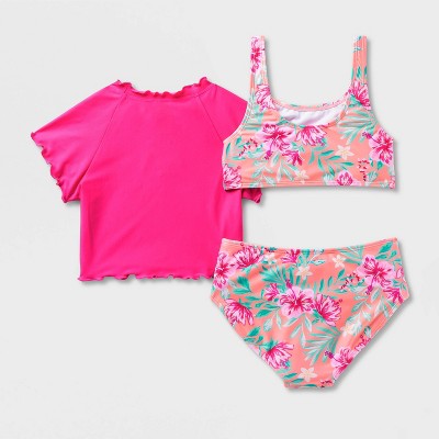 Cat & Jack Girls' Tropical Hibiscus Short Sleeve Rash Guard Bikini Set - Cat & Jack™ Pink S — фото 3