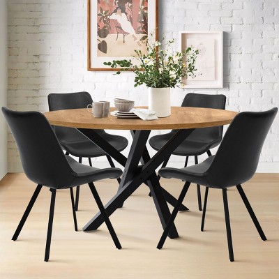 Oliver+Kourtney 5 Piece Black Round Dining Table Set with Faux Leather Dining Chairs Set of 4 with Black Legs-Maison Boucle