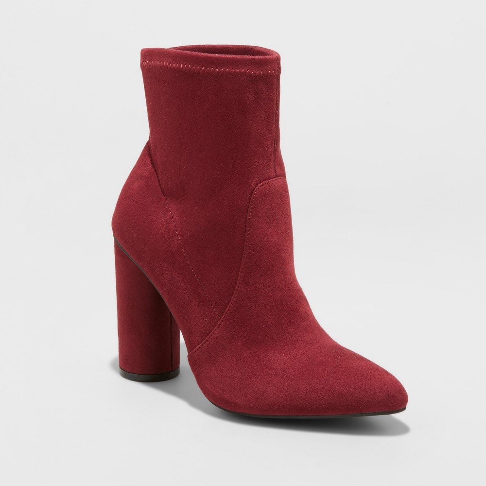 Women's Norma Microsuede Wide Width Cylinder Heeled Bootie - A New Day Burgundy (Red) 10W, Size: 10 Wide