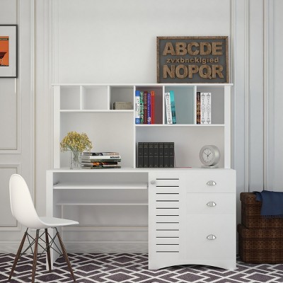 Wooden Computer Desk with Hutch and Drawers, Modern Study Table for Students or Home Office – The Pop Home