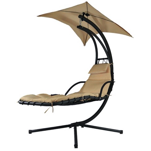 Floating Chaise Lounge Chair With Canopy Umbrella - Beige - Sunnydaze