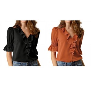 Allegra K Women's Ruffle V Neck Puff Sleeve Summer Casual Chiffon Peasant Top 2 Packs - 1 of 4
