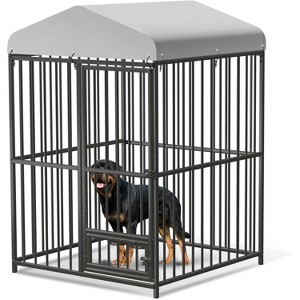 Outdoor Heavy Duty Metal Dog Cage Kennel with Rotating Feeding Bowl, Waterproof Roof Cover and Lock for All Dog Breeds - 1 of 4