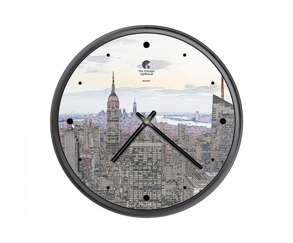 Chicago Lighthouse 12.75"x12.75" Ny Skyline Sketch Slimline Frame Decorative Wall Clocks Black