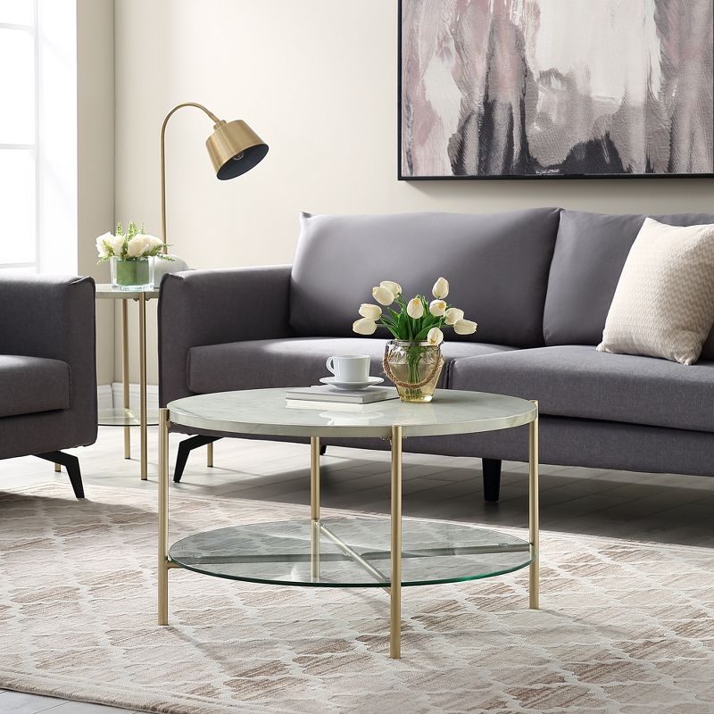 Modern Glam Faux Marble Round Coffee Table White/Gold - Saracina Home, 3 of 7