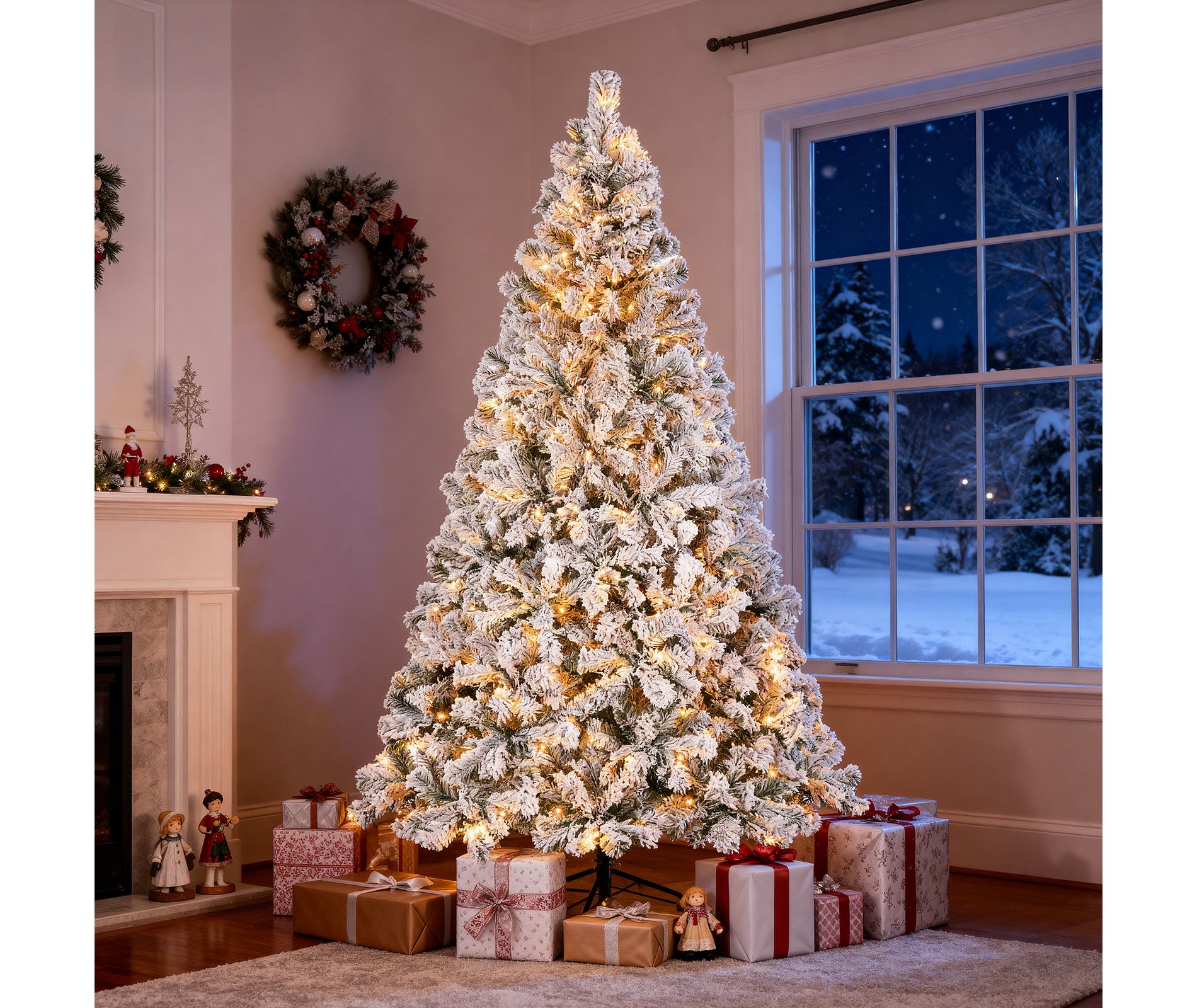 6.5FT Pre-Lit Snow Flocked Christmas Tree with 250 Warm Lights & 1000 Tips