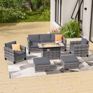 Sonkuki 6 Pieces Patio Sofa with Rectangle Fire Pit Table and Ottomans, Wicker Conversation Couch, Navy Blue Cushion - 1 of 4