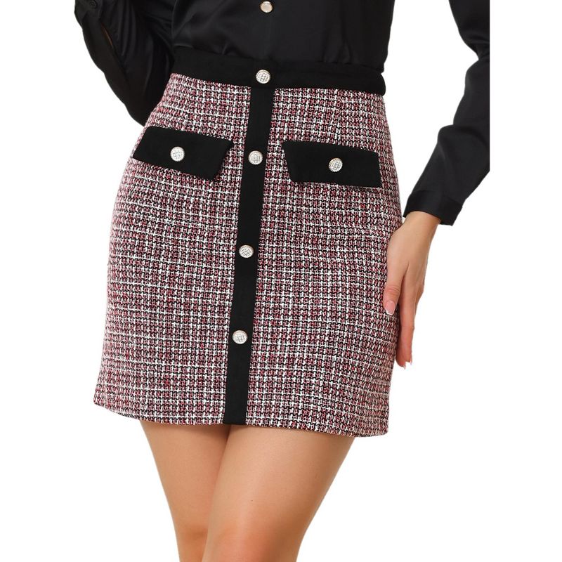 Allegra K Women's Plaid Tweed Contrast Color Button Decor Business Casual Mini Skirt, 1 of 6