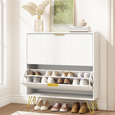 Fluted Shoe Cabinet, Narrow Shoe Storage Cabinet with 2 Flip Drawers and Open Shelf, Storage Organizer for Foyer, Hallway, Front Door