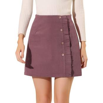 Allegra K Women's Corduroy Vintage Button Decor Ruffled Trim High Waist Mini Skirt
