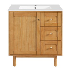Gulches 30 Inch Farmhouse Bathroom Vanity Ceramic Sink 3 Drawers Soft Closing Door MDF Stainless Steel Hardware Pre Drilled 3 Hole - 1 of 4