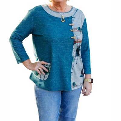 Women's Button Pocket Print & Solid Brushed Knit Top - Multiples
