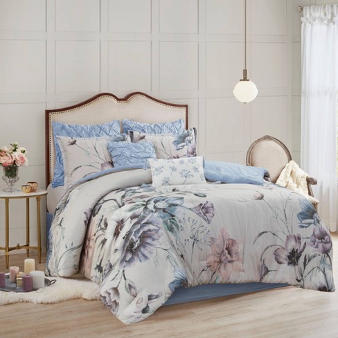 8pc Queen Maddy Cotton Printed Comforter Set Blue - Madison Park