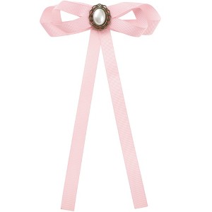 INSPIRE CHIC Women's Pre-Tied Long Ribbon Bowknot Faux Pearl Brooch Pin Tie - 1 of 4
