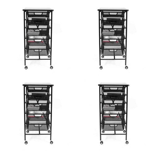 Origami Wheeled Foldable 5 Steel Drawer Storage Caddy Cart W Wooden Top 4 Pack