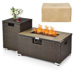 Costway 32"x 20" Propane Rattan Fire Pit Table Set with Side Table Tank & Cover 40,000 BTU Grey/Coffee - 1 of 4