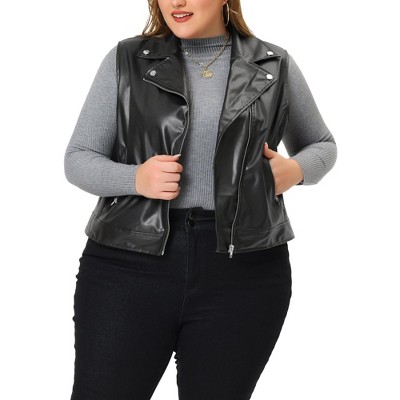 Agnes Orinda Women's Plus Size Leather Motorcycle Zip-Up Riding Biker Crop  Vest Jacket Black 2X