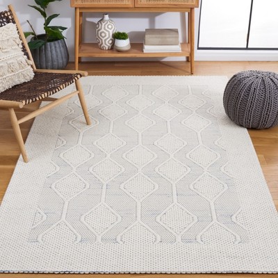 Ivory and Light Blue Geometric Wool Area Rug, 5' x 8'