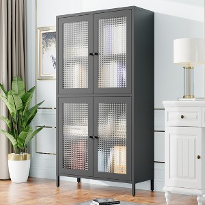 ORRD Black Metal Display Cabinet with 4 Waffle Glass Doors, Adjustable Shelf Bookcase for Home Office, Classic Storage Cabinet for Living Room - 1 of 4
