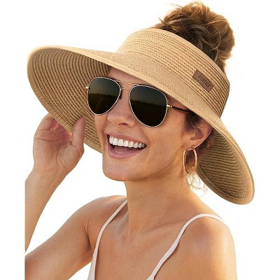 Fisfet Sun Hats for Women Wide Brim Beach Hat Straw Visor Ponytail Summer UV Packable Foldable Beach Vacation Essentials