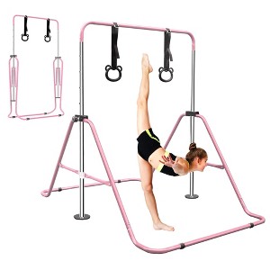 SEVOBAL Home Gyms Pink Multi-Functional Adjustable Height Children's Horizontal Gymnastic Bar With Bear Rings, Pink, 39"*57"*51" - 1 of 4