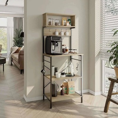 Light Oak Adjustable 5-Tier Kitchen Rack with Hooks