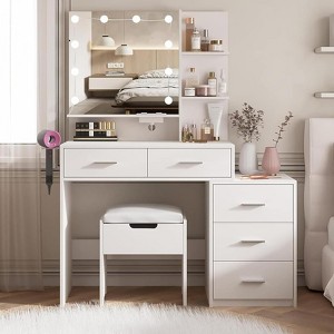 Makeup Vanity Set with Power Outlet, Nightstand, Storage Stool & 3 Lighting Color Adjustable, White - 1 of 4