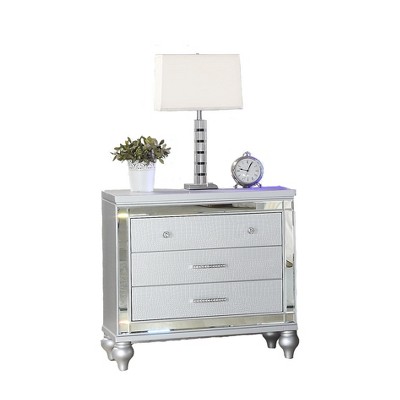 Vynxaria Sterling Modern Mirror Framed Nightstand - 3 Drawers, Crystal-Inspired Pulls, Wood Construction