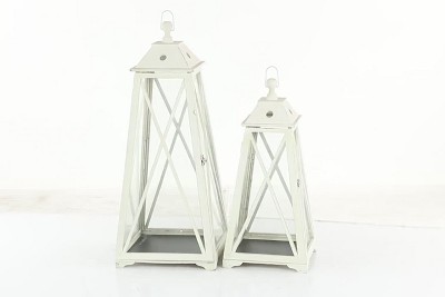 White Wood and Glass Hanging Candle Lantern Set
