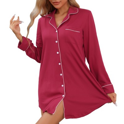 cheibear Womens Nightgown for Women Long Sleeve Sleepshirt Button Down Notch Collar Boyfriend Nightshirt Sleepwear
