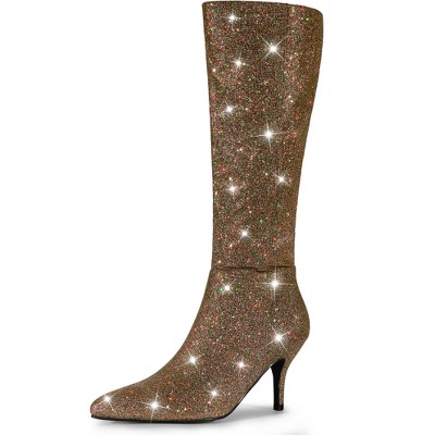 Allegra K Women's Pointy Toe Sparkle Glitter Stiletto Heel Knee High Boots
