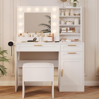 Garvee Vanity Desk with Mirror & Padded Stool, Makeup Vanity Desk with 3 Drawers Cabinet,Dressing Table Set for Bedroom(White)