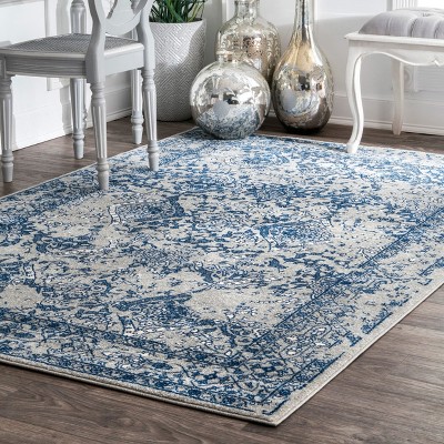 Light Blue Floral Reversible Square Synthetic Area Rug, 6'