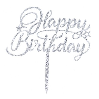 O'Creme Script Happy Birthday with Stars Cake Topper, Silver