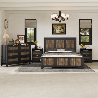 4-Pieces Bedroom Sets, Queen Size Farmhouse Platform Bed With Wooden Strip Decoration, Storage Nightstand And Dresser-Cuddlewood