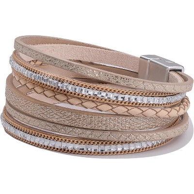 Trendy Layered Boho Leather Wrap Bracelets with Magnetic Clasp, Stackable Bohemian Jewelry Gifts for Women