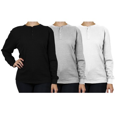 Blue Ice  Women's Loose Fit  Waffle-Knit Thermal Henley- 3 Pack