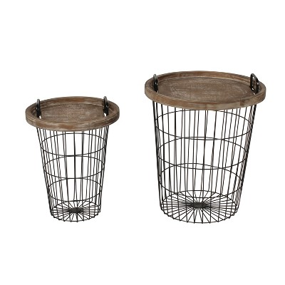 Rustic Brown and Black Round Wood & Metal Nesting End Tables, 2-Piece Set