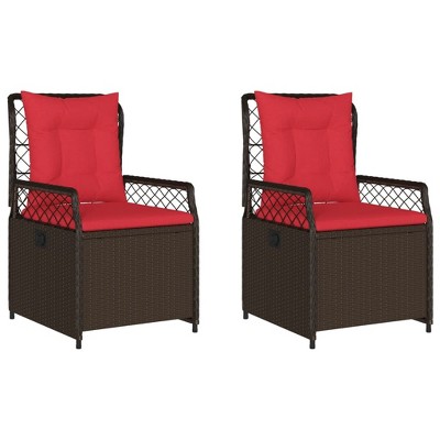 vidaXL Reclining Patio Chairs - Brown Poly Rattan Loungers with Red Cushions