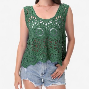 Anna-Kaci Women's Crochet Sleeveless Tank Top with Floral Open Knit Pattern and Scalloped Hem Detail - 1 of 4
