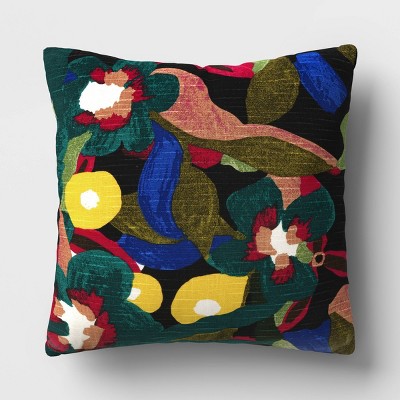 Square Printed Floral Cotton Slub Pillow Black - Room Essentials™