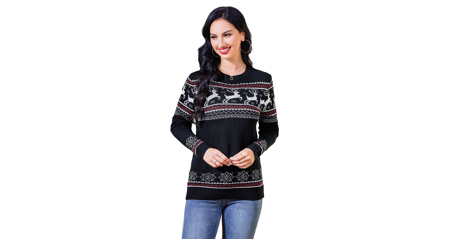 Women's Long Sleeve Ugly Christmas Sweater Reindeer Knit Pullover Tops