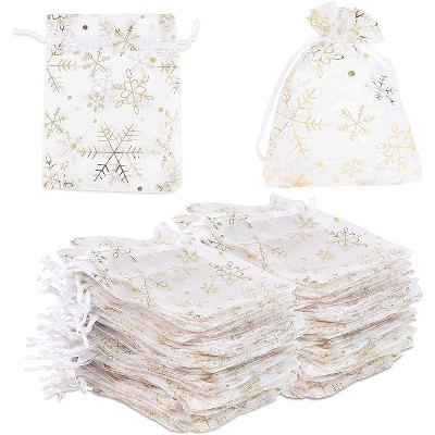 Sparkle and Bash 120-Pack Organza Small Gift Bags for Christmas Wedding, Gold Snowflakes (3.5 x 4.75 in)