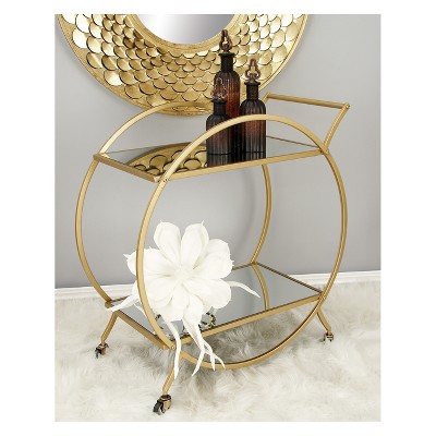 Elegant Gold Metal Bar Cart with Mirrored Shelves and Wheels